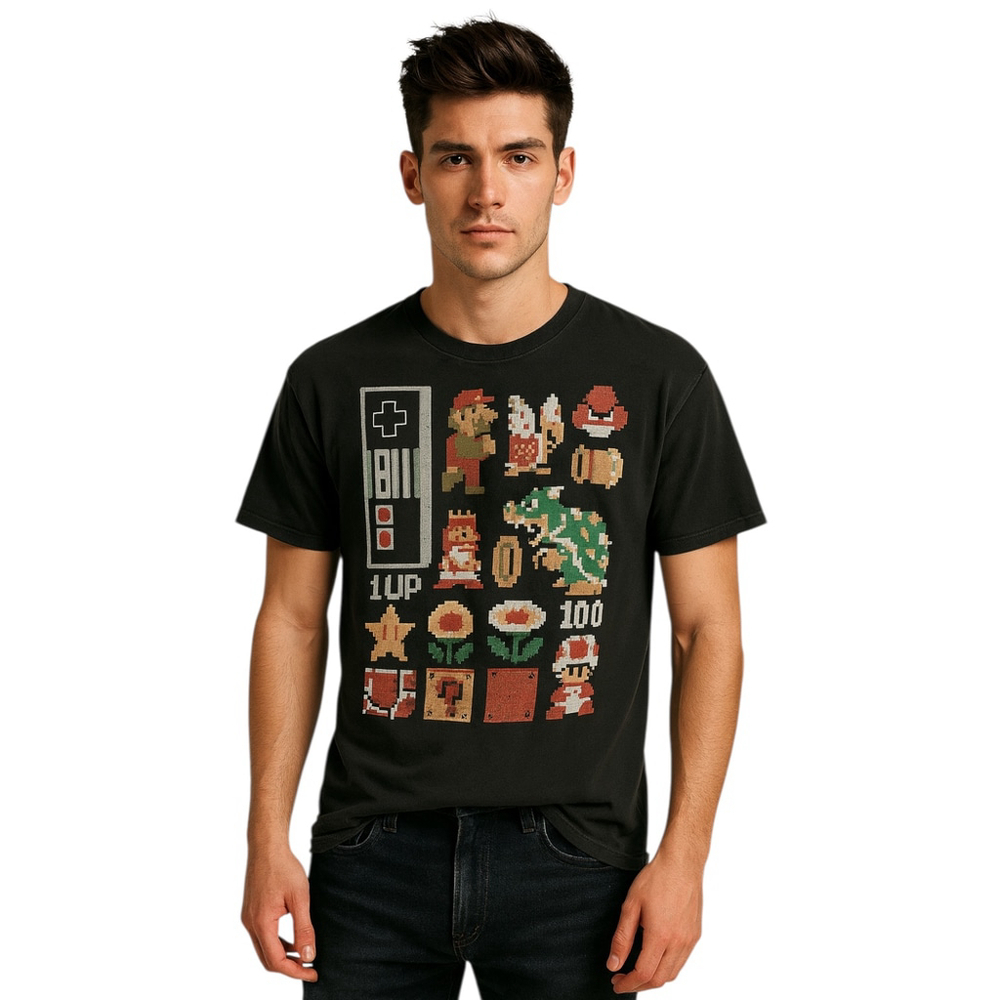 Super Mario Graphic T-Shirt Mens S Black Short Sleeve Pixel Art Game Retro Tee